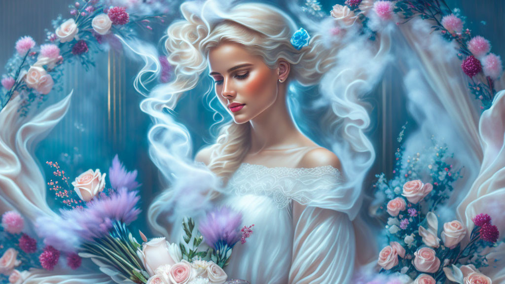 Fantastical illustration of woman with white hair in misty floral setting