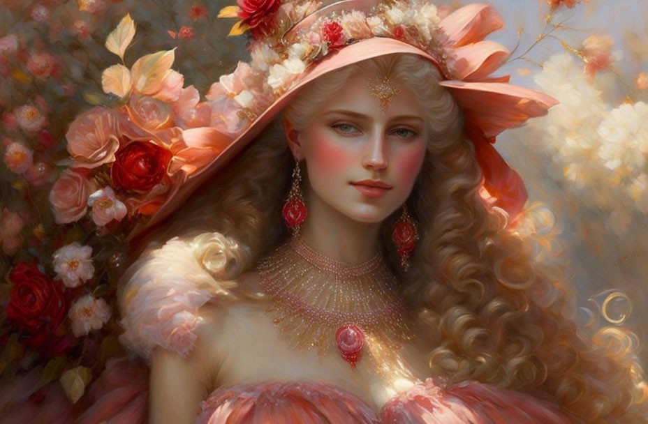 Portrait of Woman with Golden Curly Hair, Peach Hat, and Roses