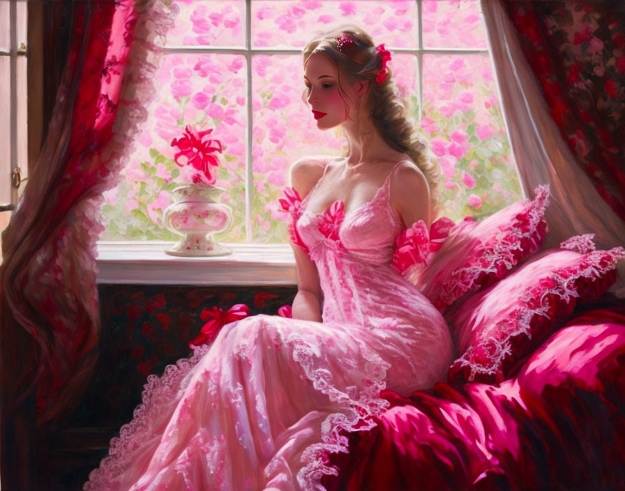 Elaborate Pink Dress Woman Sitting by Flower-Patterned Window