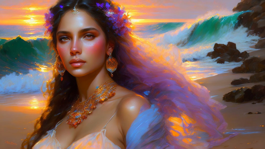 Portrait of woman with floral headpiece and ornate jewelry against sunset waves.