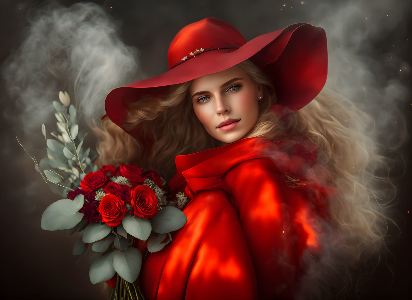 Blonde woman in red hat and coat with roses in misty setting