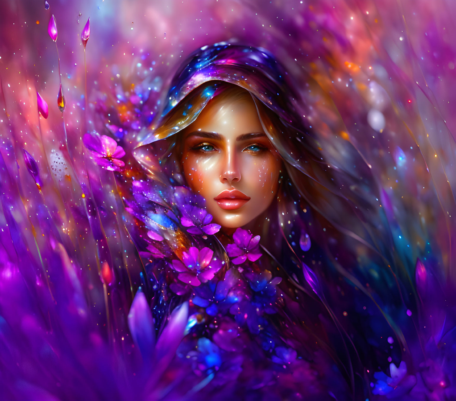 Vibrant digital artwork: Woman with flowing hair and purple flowers on colorful background