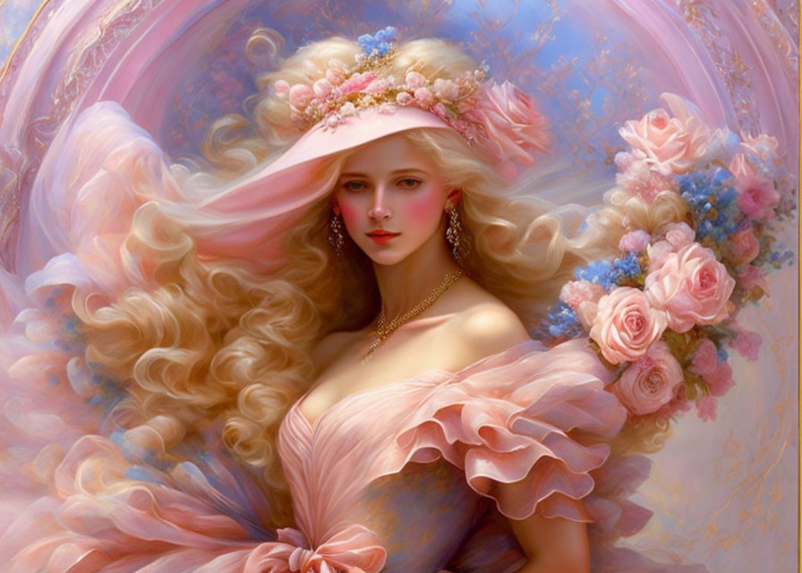 Ethereal woman in floral hat and pink dress with golden locks