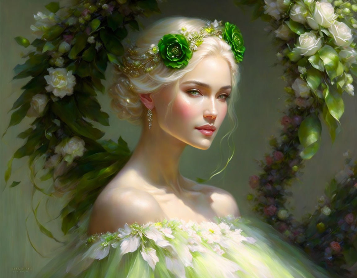 Blonde woman portrait with green roses in lush floral setting