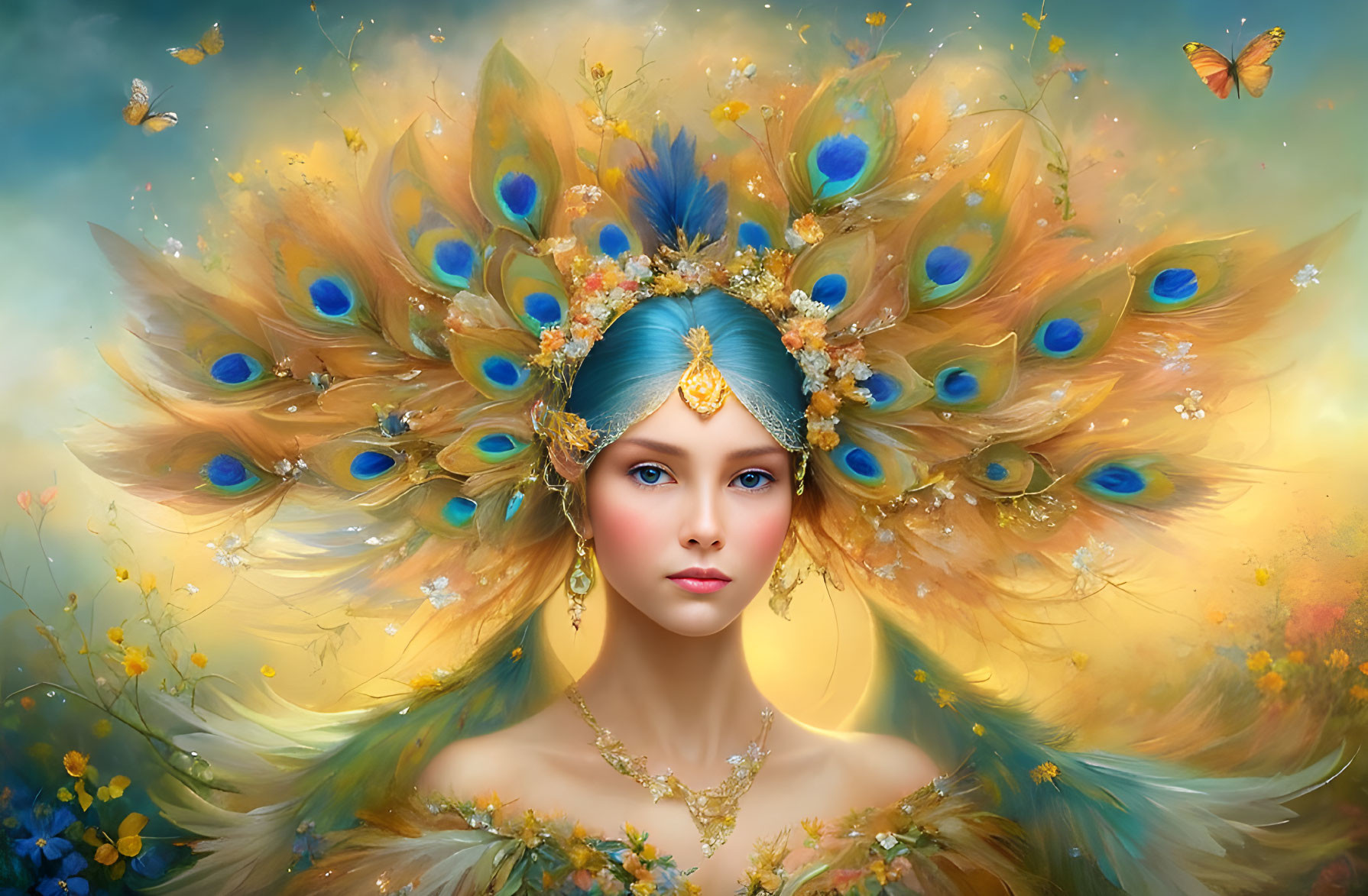 Woman with Peacock Feather Headdress Surrounded by Butterflies