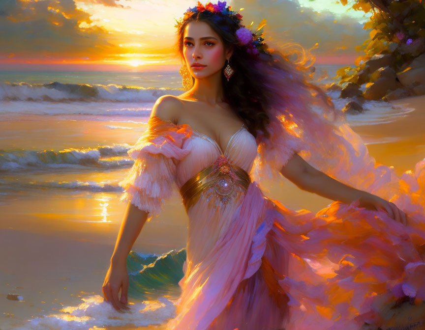 Woman in pink dress with flowers by sea at sunset