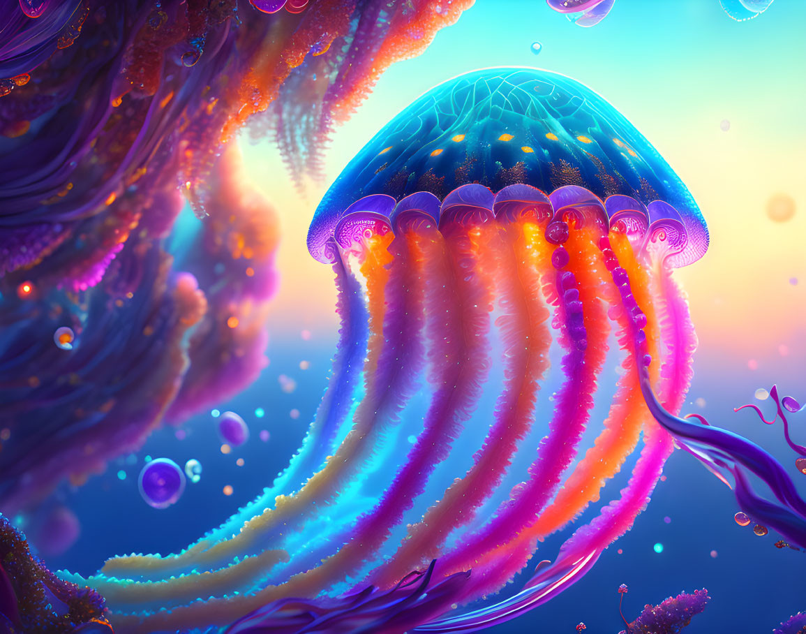 Vibrant digital art: Jellyfish with glowing tentacles in blue and orange underwater scene