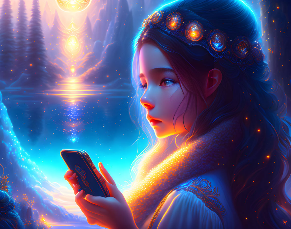 Illustration: Girl with ornate headband gazing at glowing device in mystical blue forest with lum