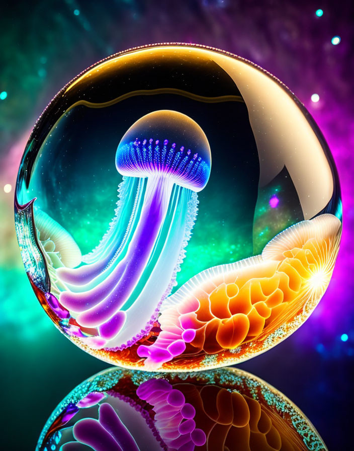 Colorful Digital Artwork: Translucent Sphere with Glowing Jellyfish Entity