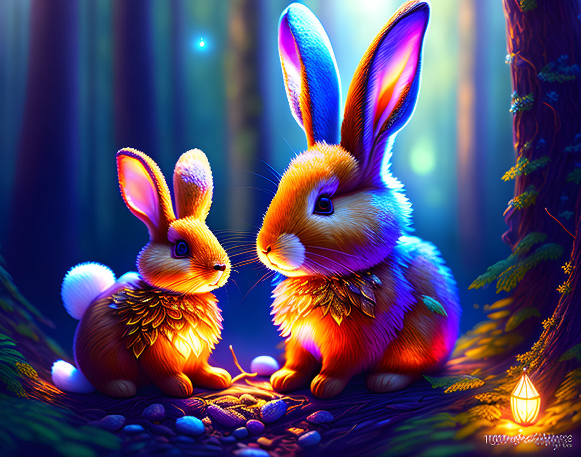 Glowing fantastical rabbits with feather-like fur in mystical forest with lantern.