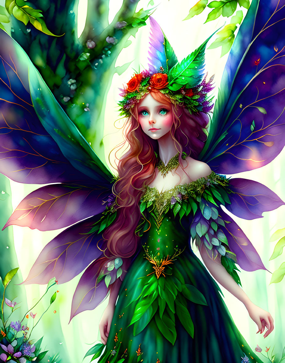 Colorful winged fairy in floral crown and forest setting