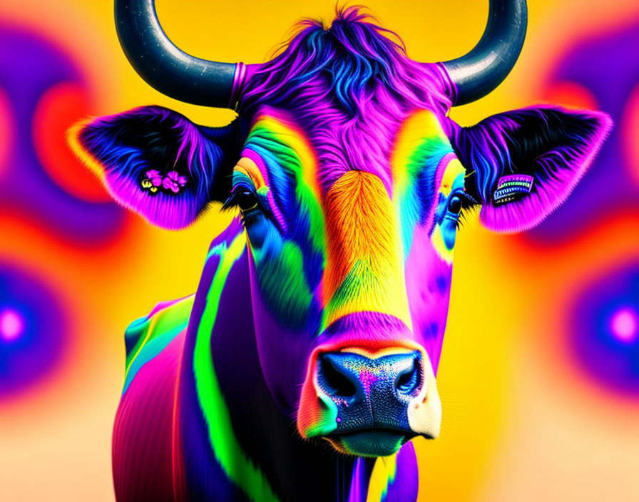 Colorful Psychedelic Cow Illustration with Swirling Patterns