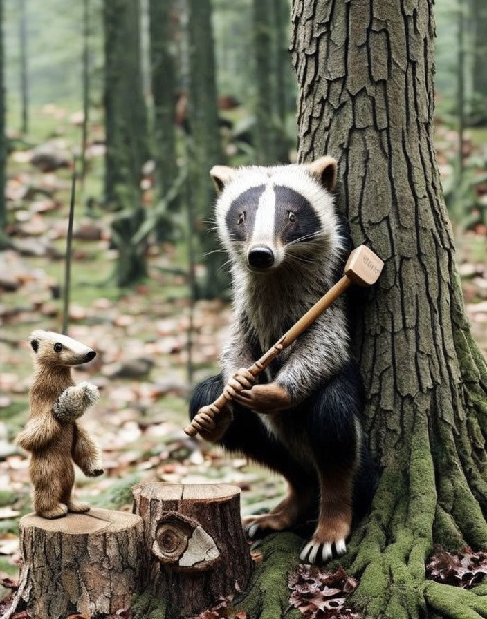 Anthropomorphic badger and meerkat in forest encounter