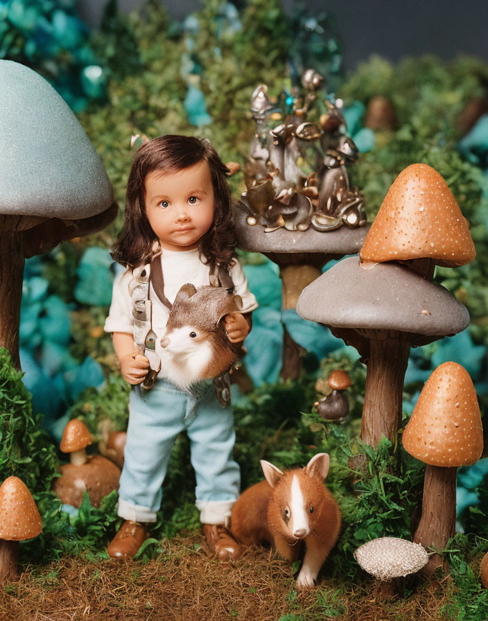 Whimsical forest scene with child-like doll, mushrooms, and toy foxes