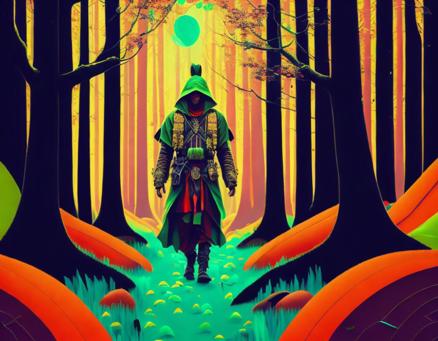 Colorful Forest Scene with Cloaked Figure Walking