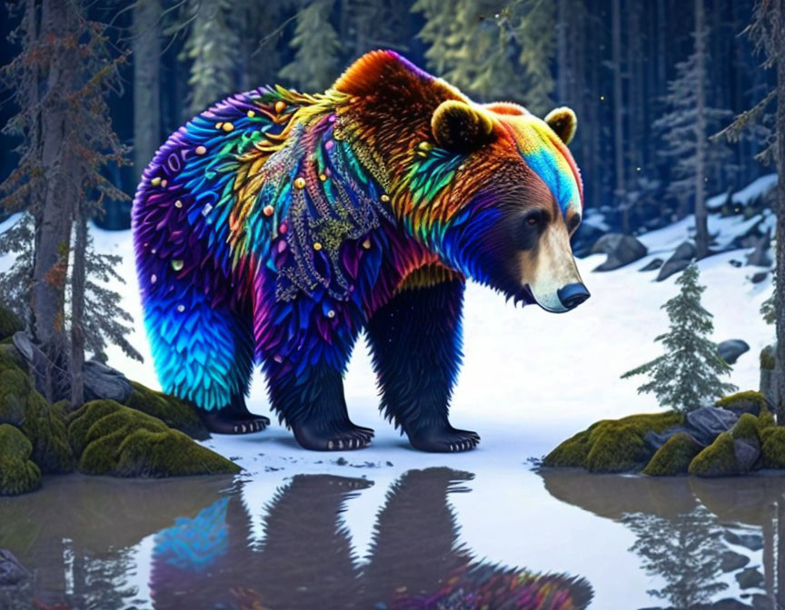 Colorful Bear Standing by Tranquil Pond in Snowy Forest