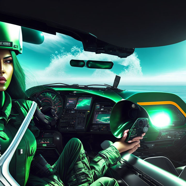 Female pilot in green uniform in high-tech cockpit with teal and black color scheme