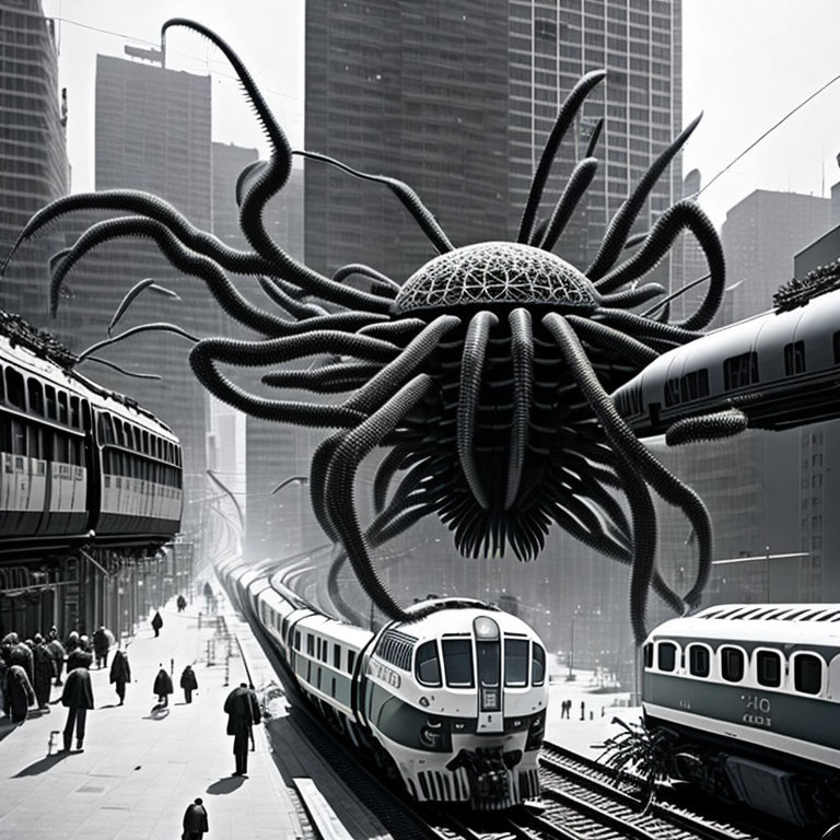 Giant octopus-like creature at busy train station with high-rise buildings