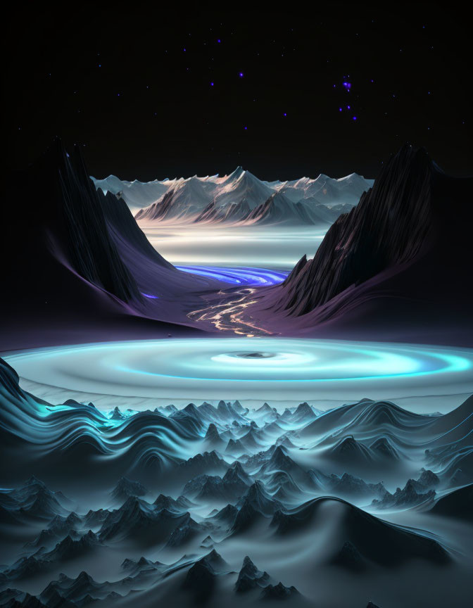 Surreal Landscape with Dark Mountains and Luminous Blue Rivers