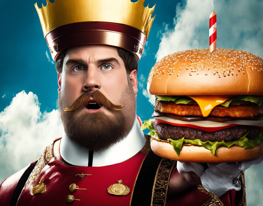 Man in King Costume Holding Large Hamburger Against Blue Sky