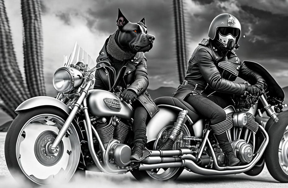 Person and Dog in Leather Jackets on Classic Motorcycles