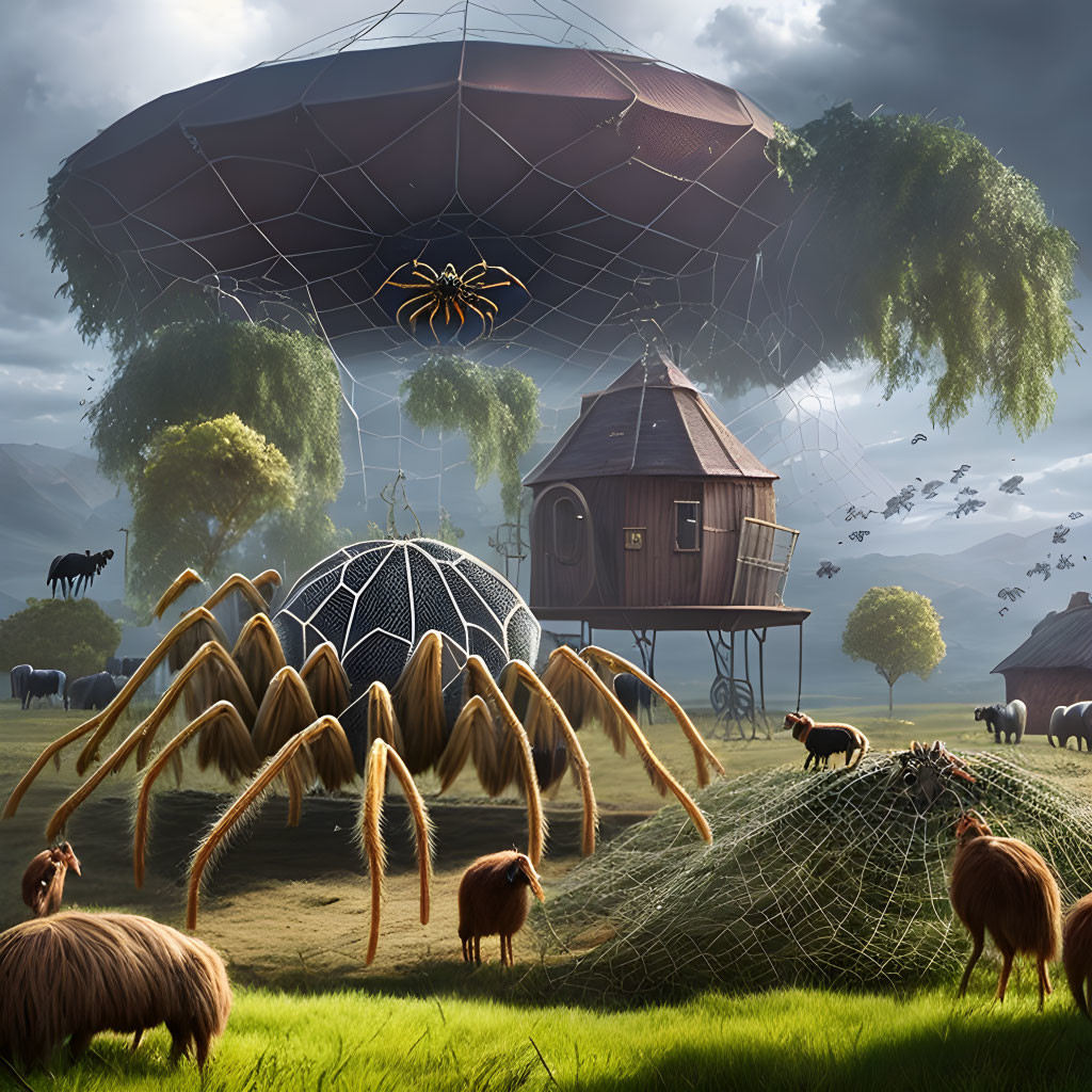 Fantastical scene: giant spider on web-covered treehouse, sheep grazing, floating umbrella-like structures