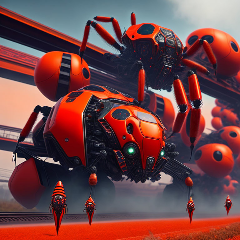 Orange and Black Robotic Spiders on Barren Landscape with Elevated Tracks