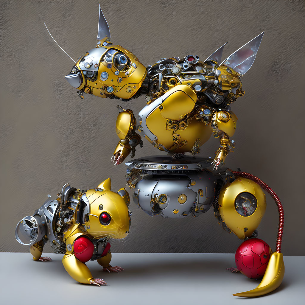 Whimsical 3D illustration of robotic cat and mouse in gold and silver hues