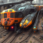 Orange and Black Robotic Spiders on Barren Landscape with Elevated Tracks