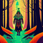 Colorful Forest Scene with Cloaked Figure Walking