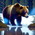 Colorful Bear Standing by Tranquil Pond in Snowy Forest