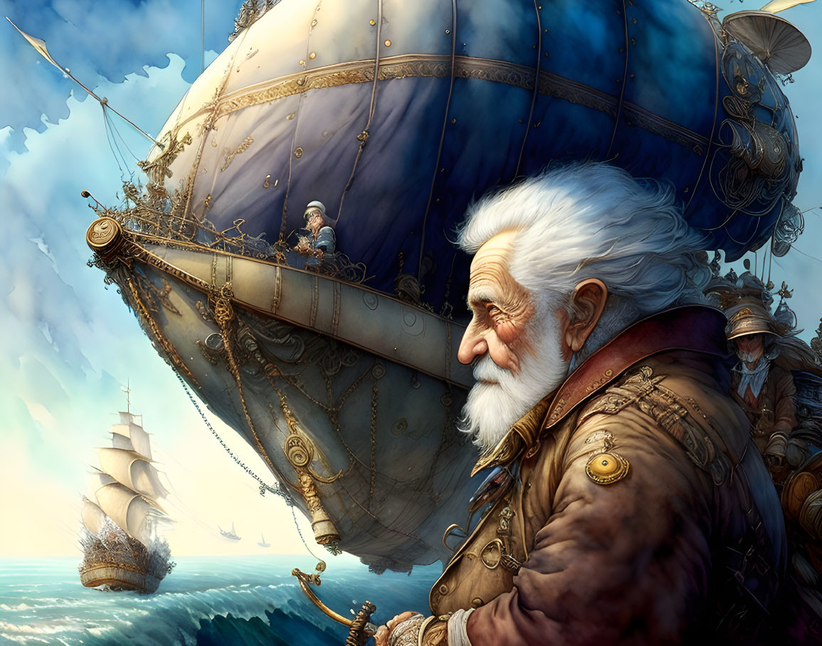 Detailed illustration of elderly man with airship and sailing ship