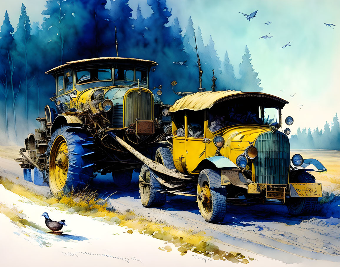 Vintage Cars Parked by Forest with Duck and Flying Birds in Serene Landscape