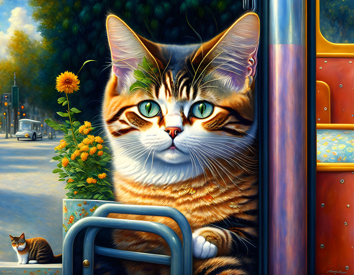 Detailed illustration: Large cat with green eyes and sunflowers, smaller cat in the background