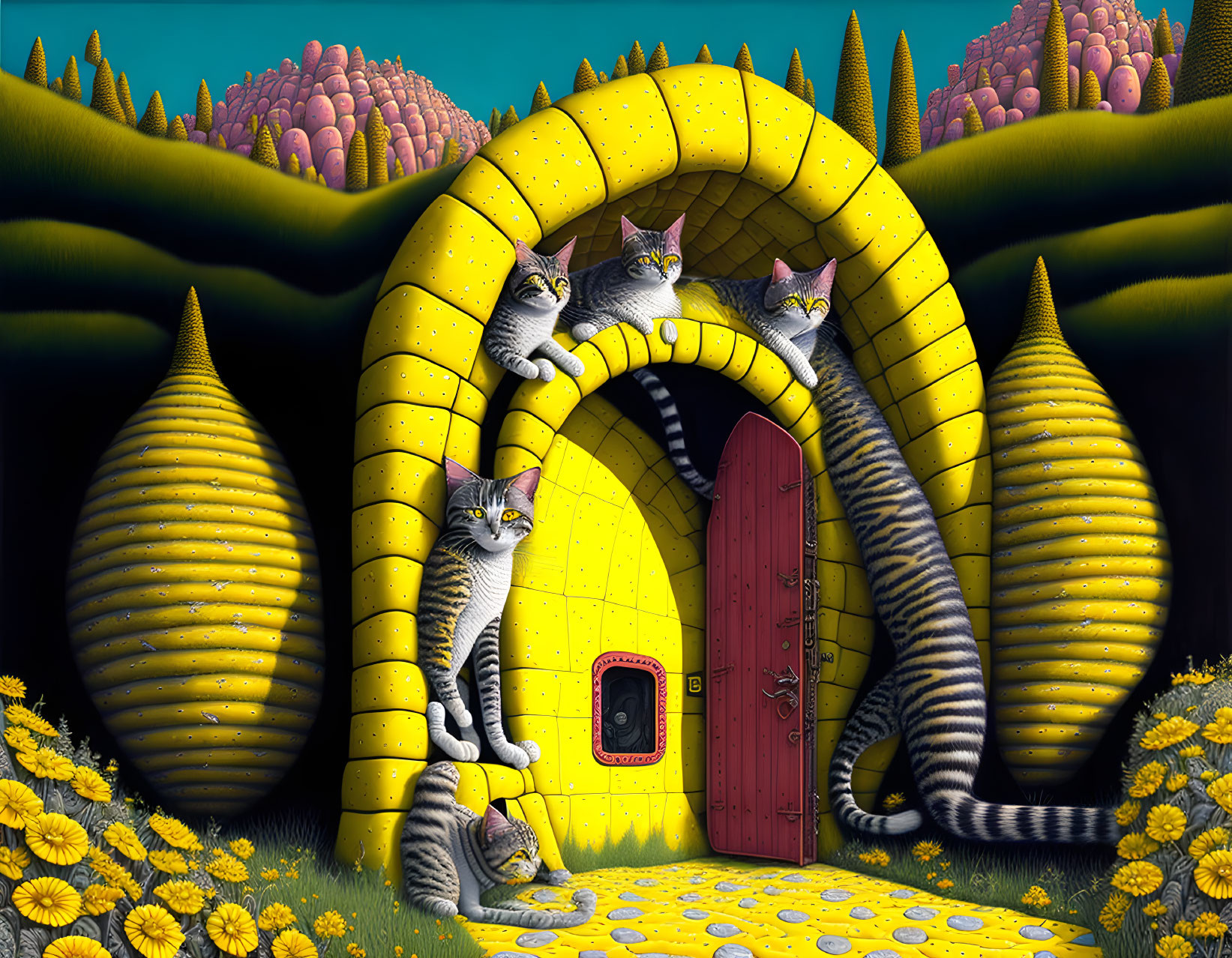 Colorful whimsical cat illustration in fantastical landscape with yellow arch & red door against night sky