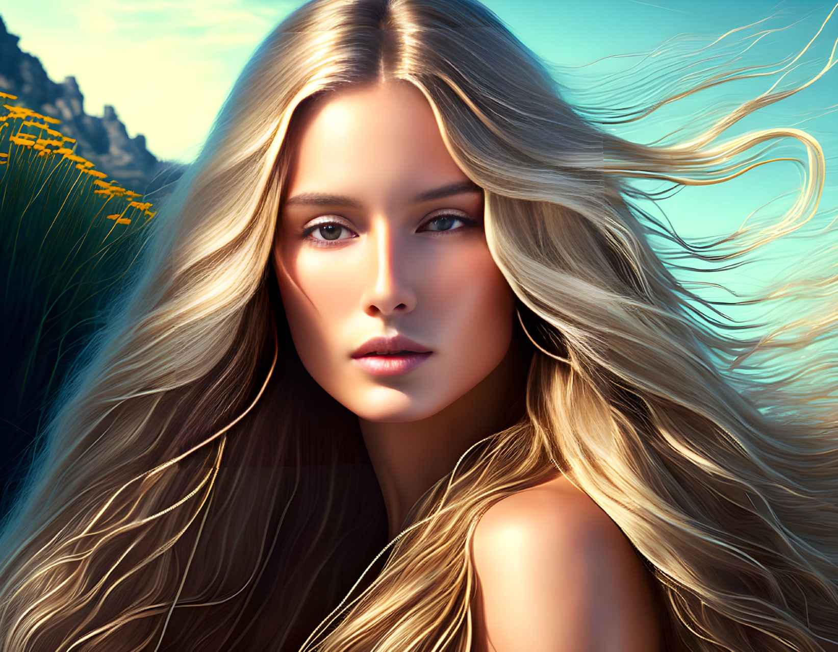 Blonde woman with serene expression in digital art