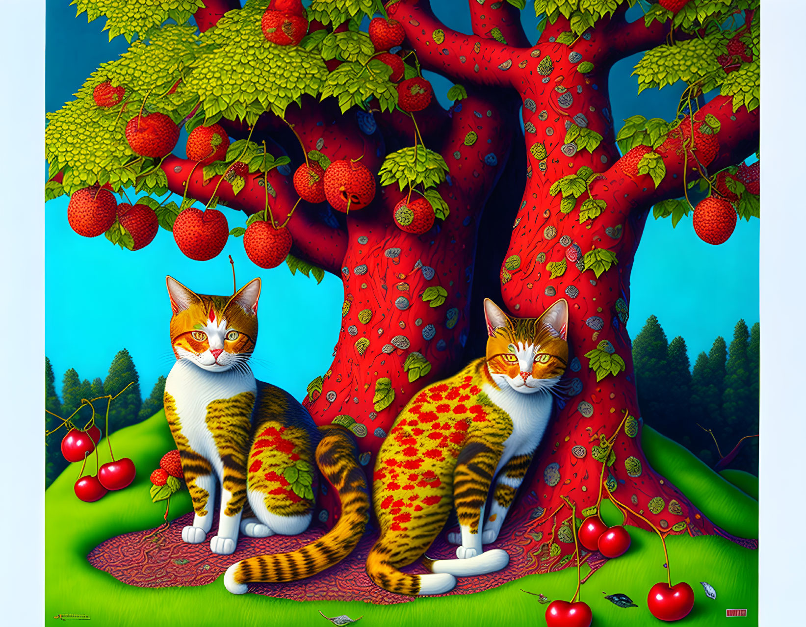 Whimsical cats with cherry-patterned fur under vibrant cherry tree