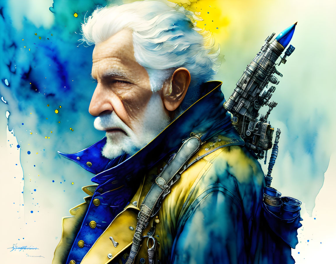 Elderly Man with White Hair and Mechanical Arm on Abstract Blue and Yellow Background