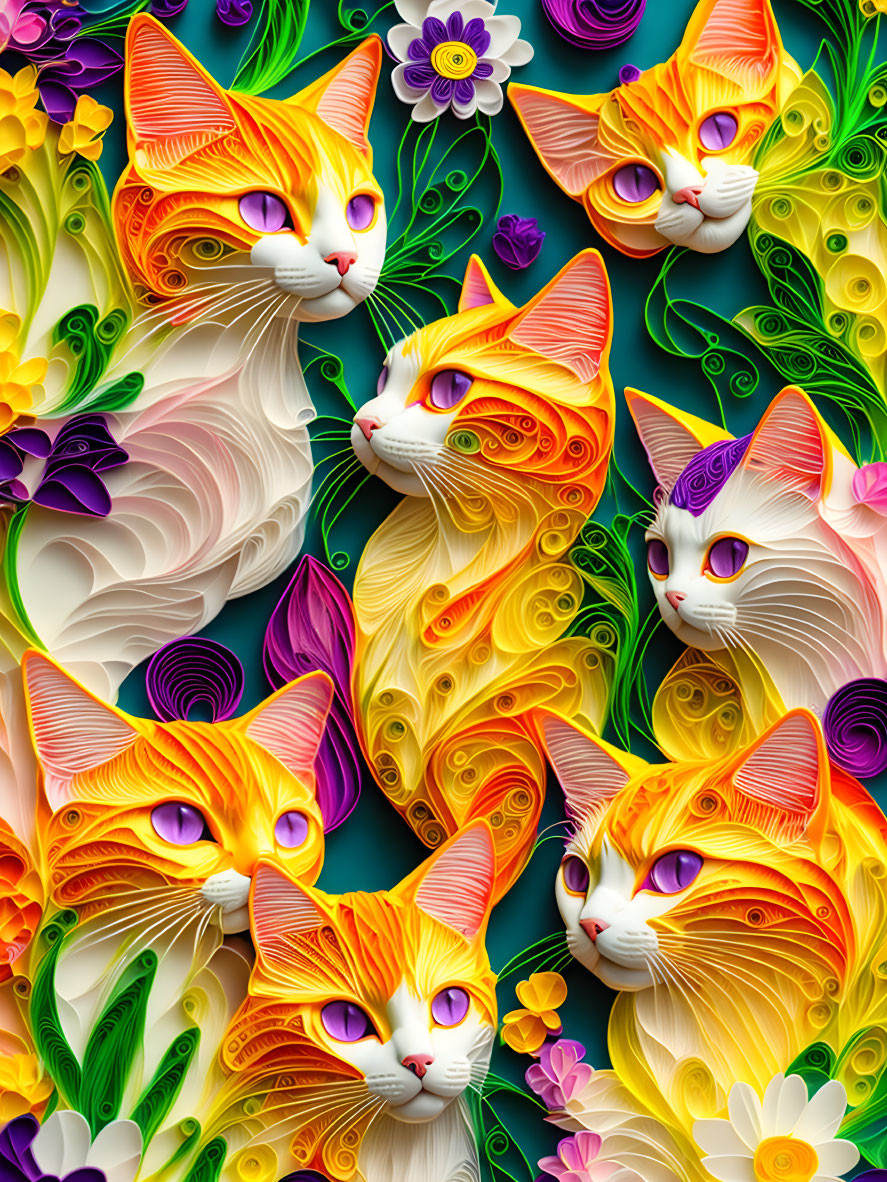 Colorful Paper Quilled Cats with Floral Patterns