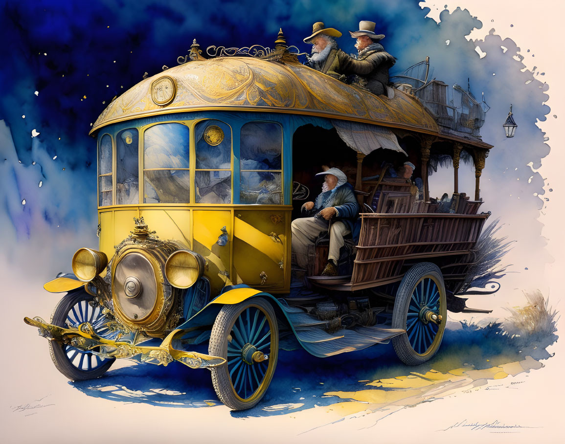 Vintage Yellow Bus Illustration with Ornate Details and Early 20th-Century Dressed Pass