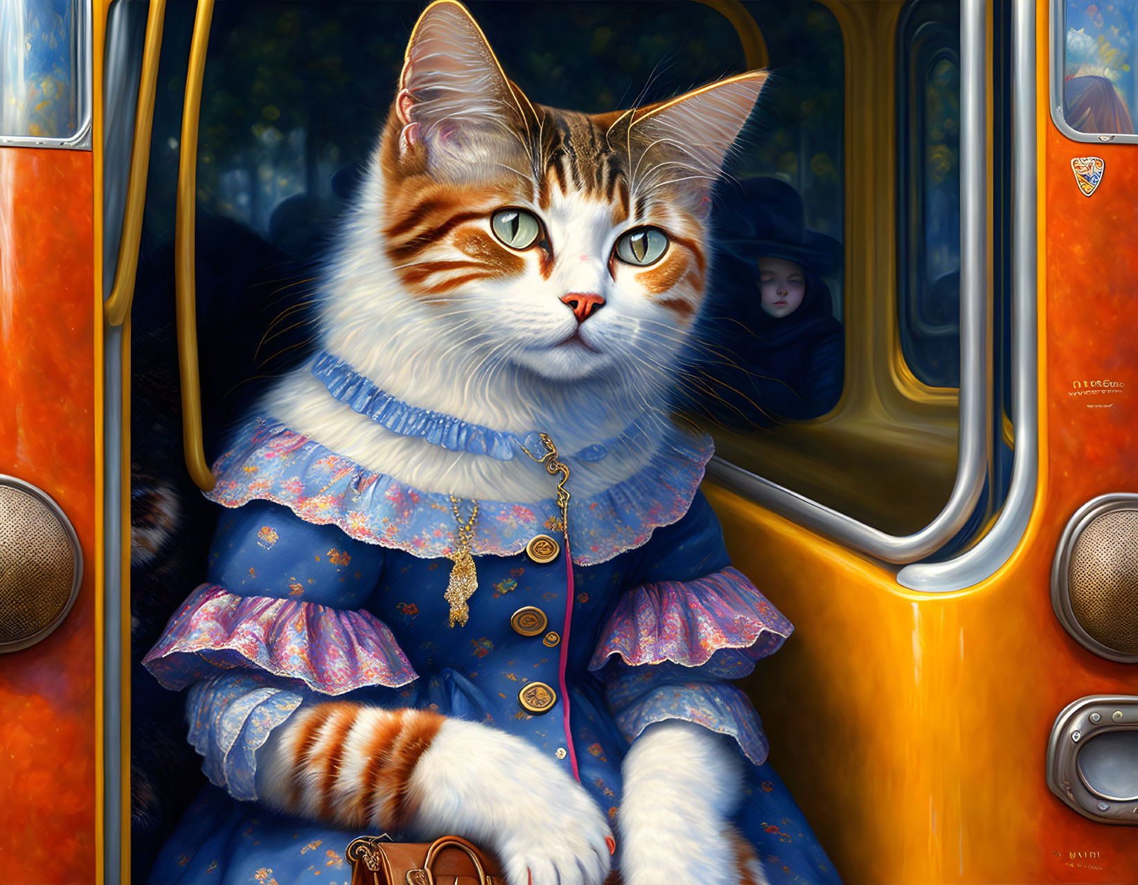 Anthropomorphic Cat in Blue Dress on Bus with Figure