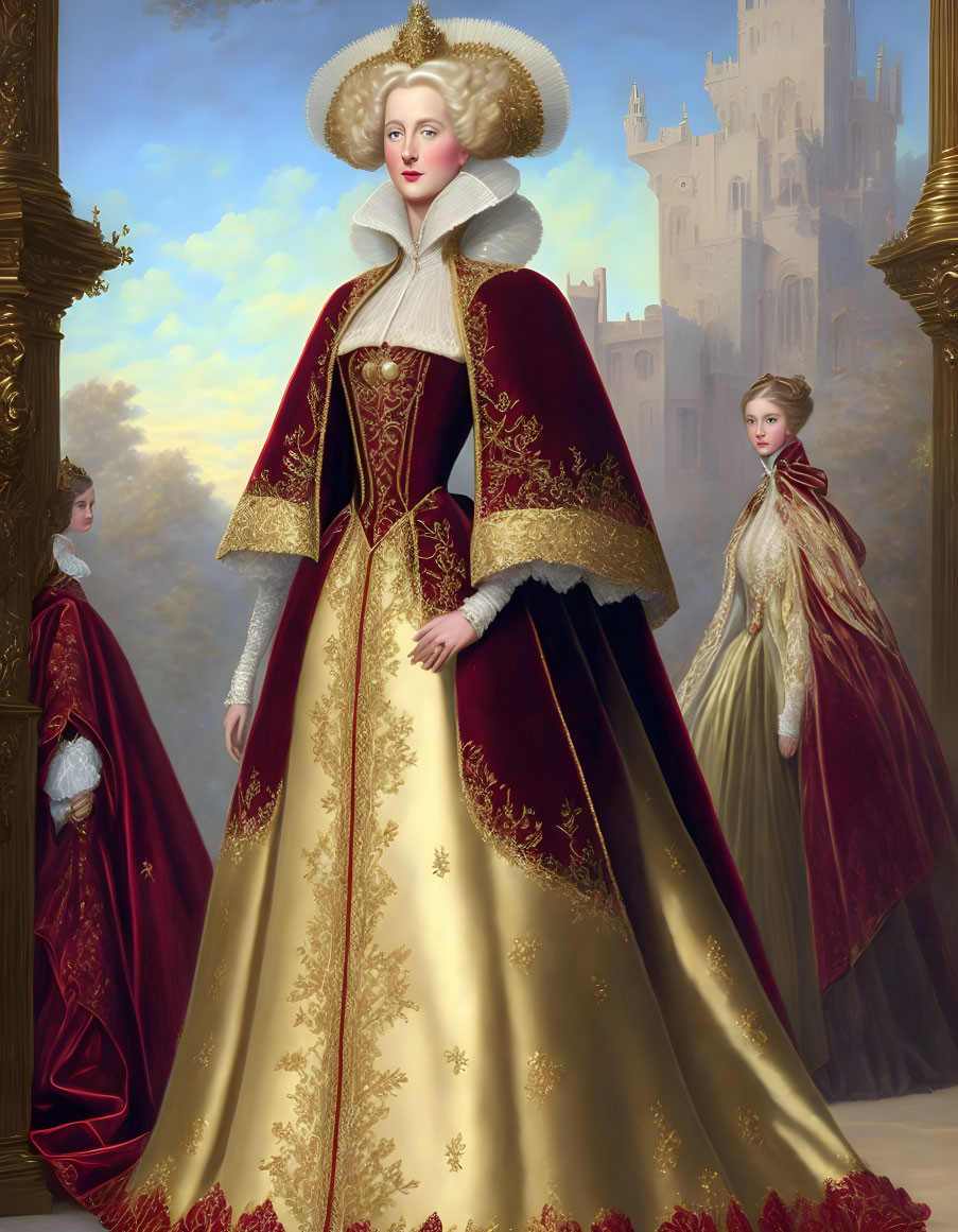 Regal woman in golden dress with red cape and ladies-in-waiting by castle.