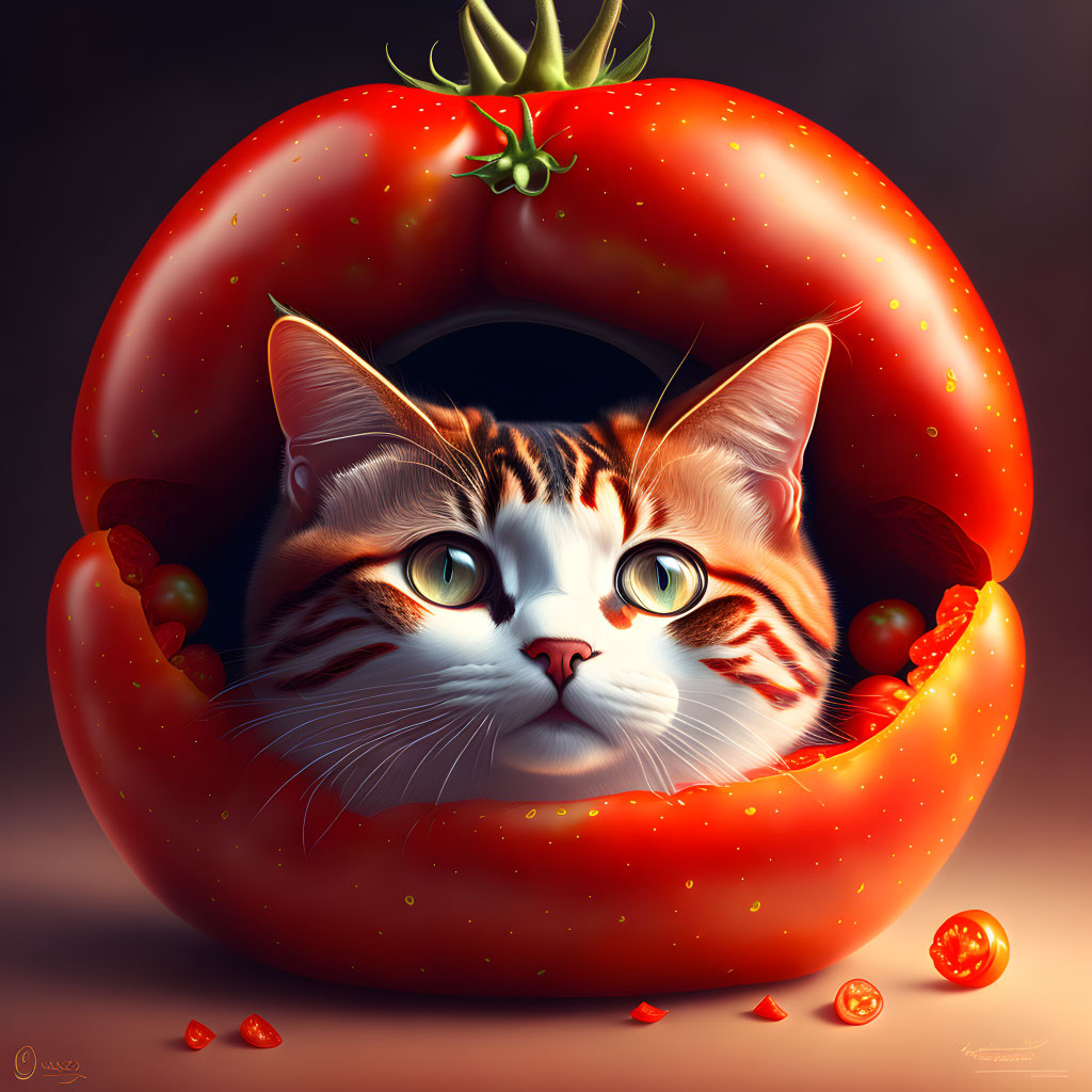 Unique Cat Peeking from Red Tomato Hole