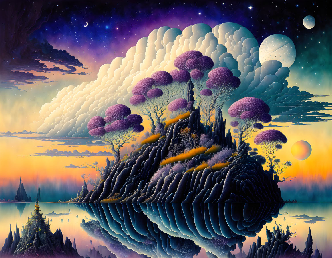 Surreal landscape with purple-topped trees on spiraling hill, reflected in water below