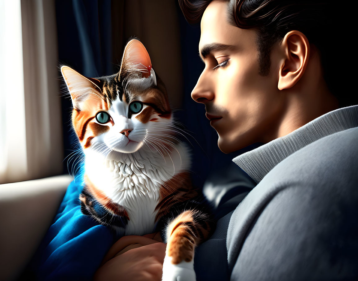 Man in blue sweater holding multicolored cat by window with drapes