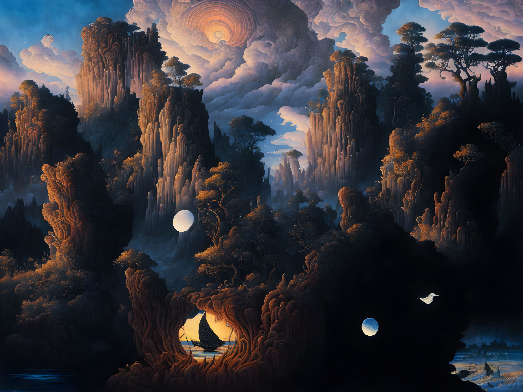 Mystical landscape with towering rock formations and swirling clouds