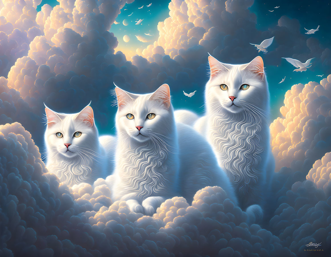 Three white cats with blue eyes in clouds with flying birds on blue sky