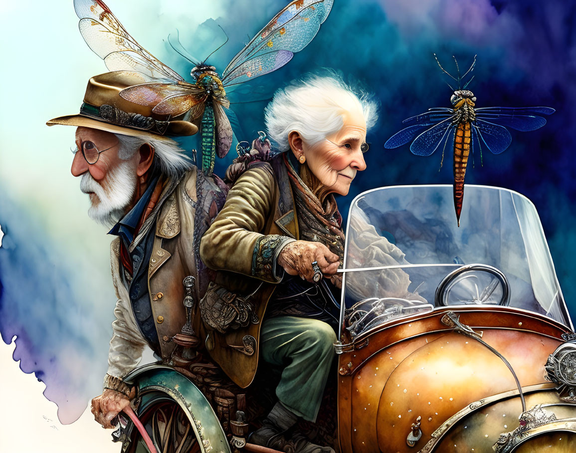 Elderly couple in steampunk attire on pedal-powered flying machine with giant dragonfly