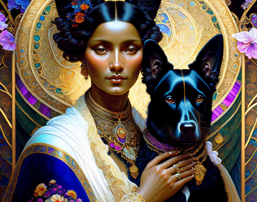 Dark-Haired Woman with Flowers and Black Dog on Gold Background