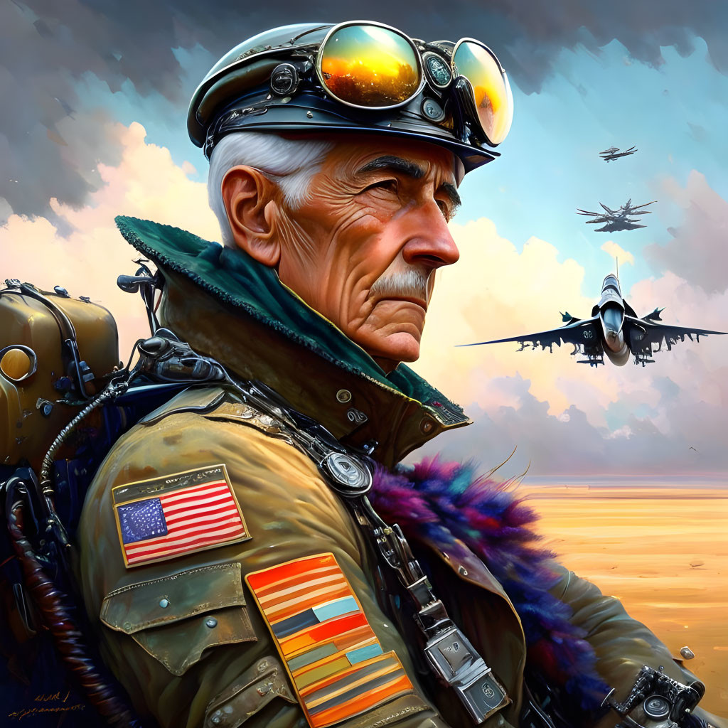 Elderly Pilot with Aviator Goggles and American Flag Uniform